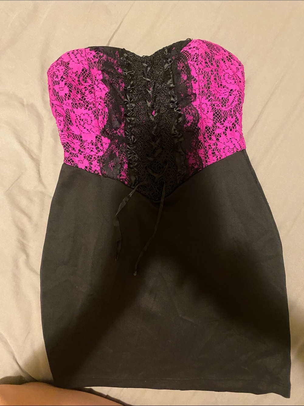 Strapless Pink Lace Bustier Dress with Black Skirt